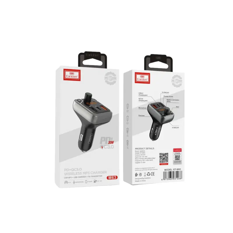 Earldom car charger Earldom M63 Bluetooth FM Transmitter plugged into a car charger port