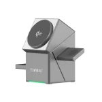 Close-up of the compact, space-saving gray cube design showing the dedicated charging spots for phone, watch, and earbuds.