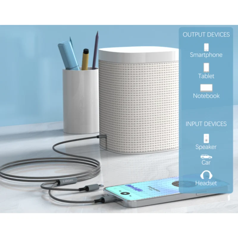 Lightning & USB-C to 3.5mm AUX Audio Cable Earldom ET-AUX71 cable connecting smartphone to home speaker