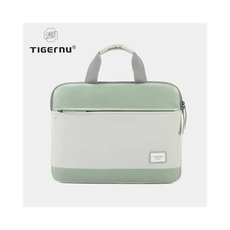 Tigernu T-L5239B laptop bag, business casual - Beige with green, pink with apricot, black Tigernu T-L5239B business casual laptop bag in beige with green accents, lightweight 420D nylon design.