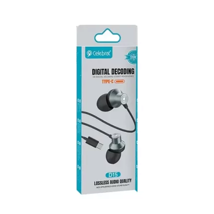 Celebrat D15 Black Wired Earphones with Type-C connector lying on a dark surface